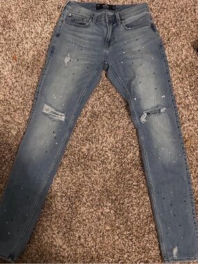 Hollister Light Blue Skinny Jeans with Distressed Paint-Splatter